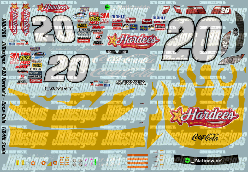 JH Designs Denny Hamlin 2008 NWS #20 Hardee's - CocaCola (Daytona2 Race Win) 1:24 Racecar Decal Set