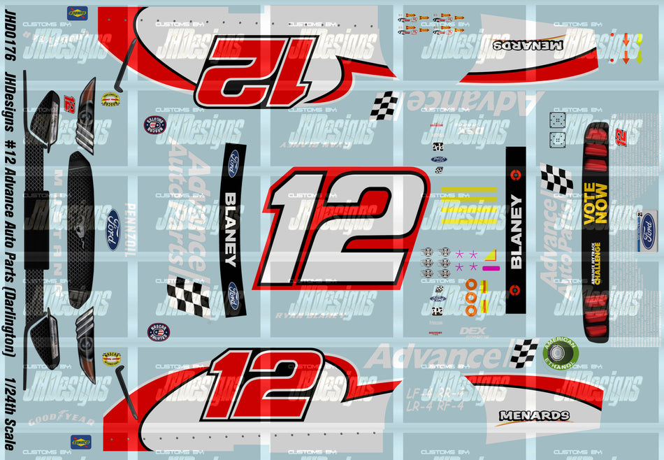 JH Designs Ryan Blaney 2021 CUP #12 Advance Auto Parts (Darlington) 1:24 Racecar Decal Set