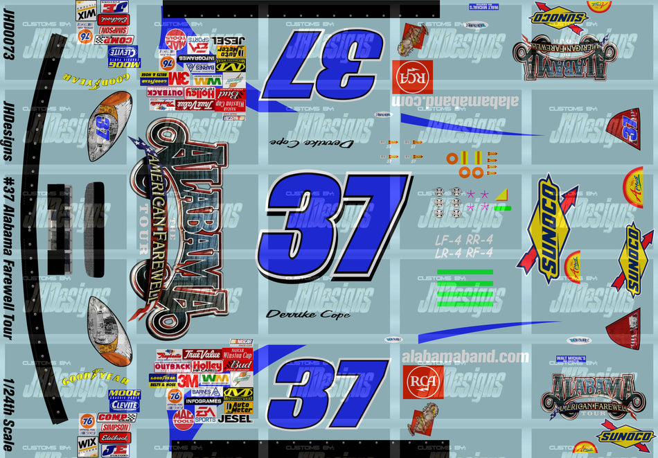 JH Designs Derrike Cope 2002 CUP #37 Alabama American Farewell Tour 1:24 Racecar Decal Set