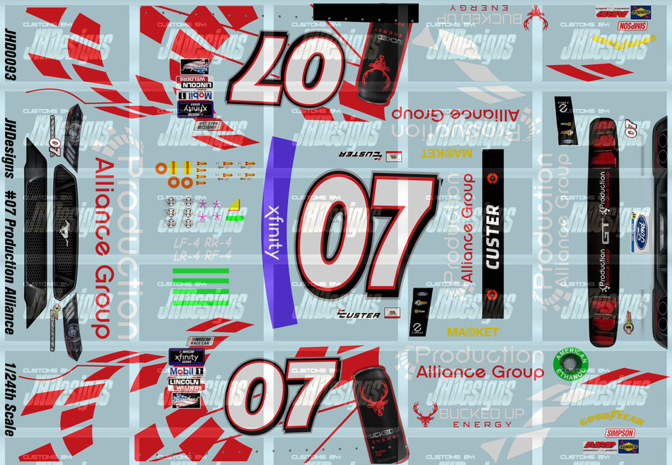 JH Designs Cole Custer 2022 XFINITY #07 Production Alliance Group (California) 1:24 Racecar Decal Set