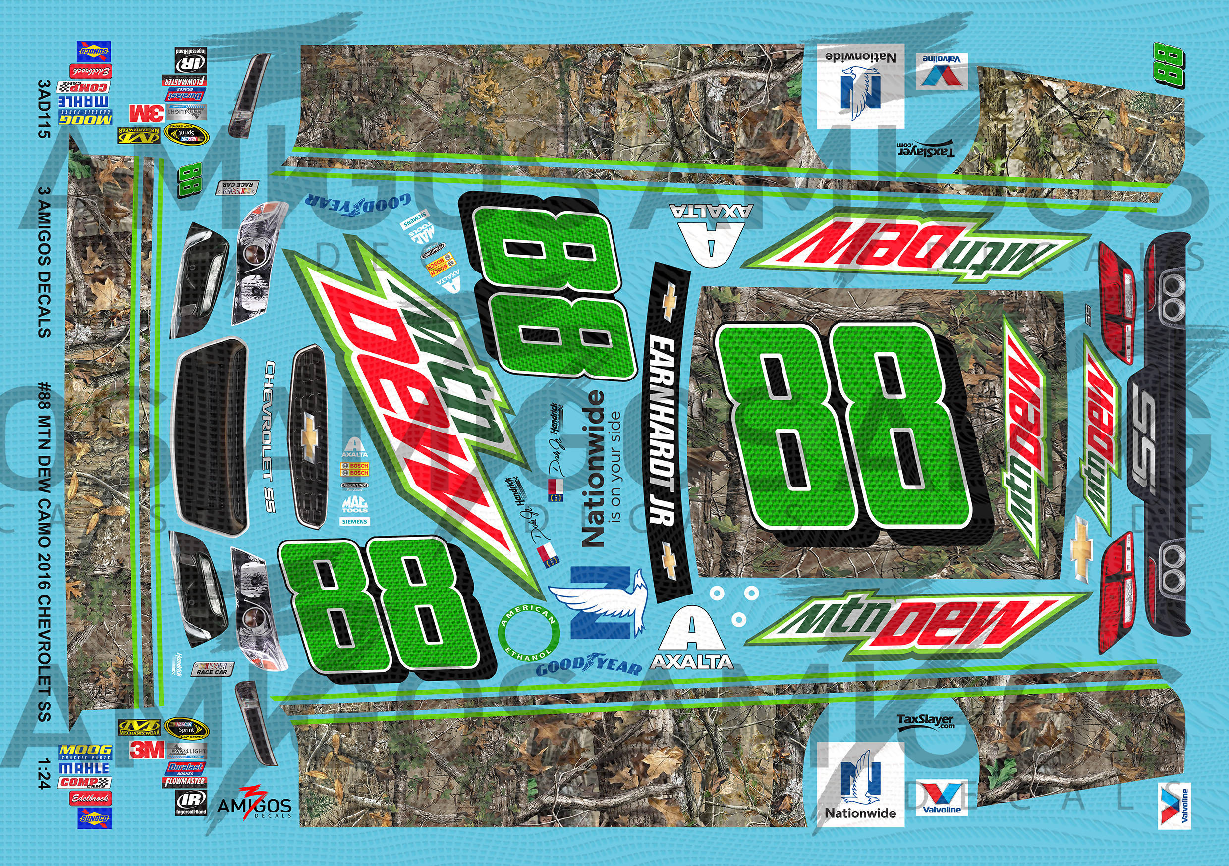 3 Amigos Decals #88 Mountain Dew Camo 2016 Chevy SS 1:24 Decal Set - 1