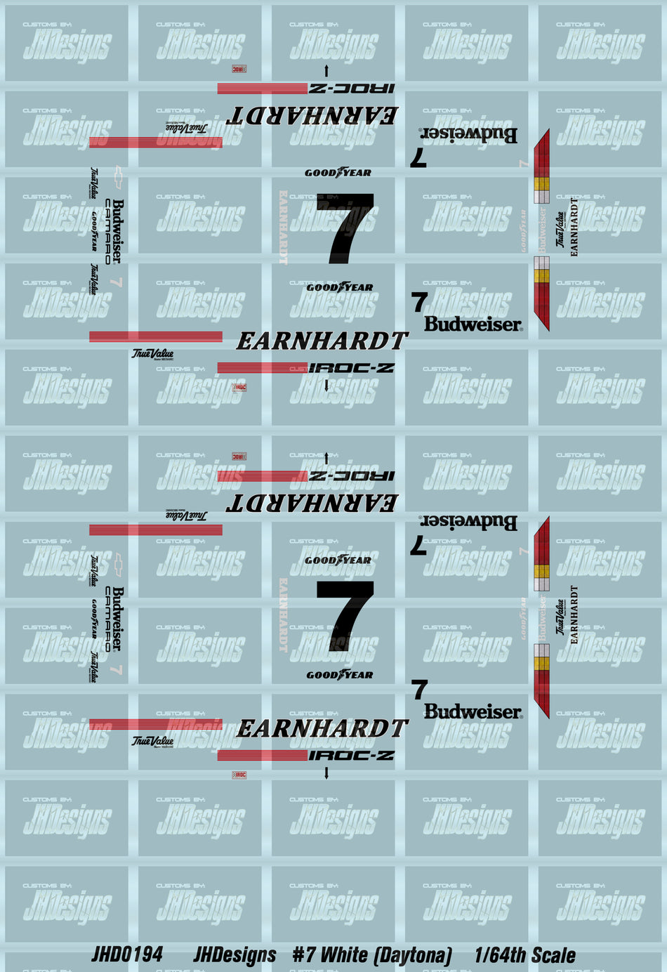 JH Designs Dale Earnhardt 1989 IROC #7 White (Daytona Race) 1:64 Racecar Decal Set