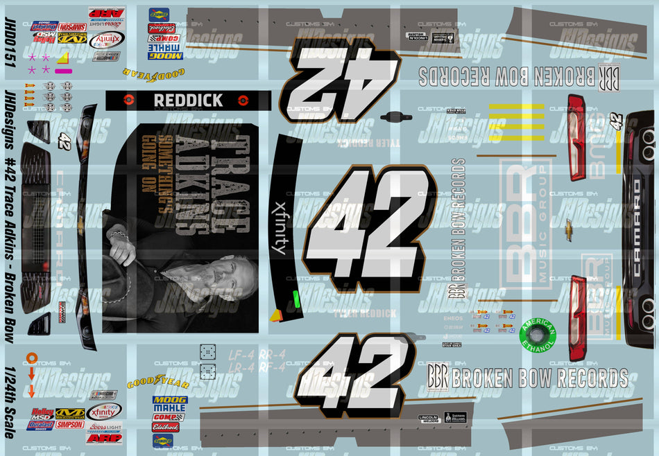 JH Designs Tyler Reddick 2017 NXS #42 Trace Adkins - Broken Bow Records (Daytona) 1:24 Racecar Decal Set