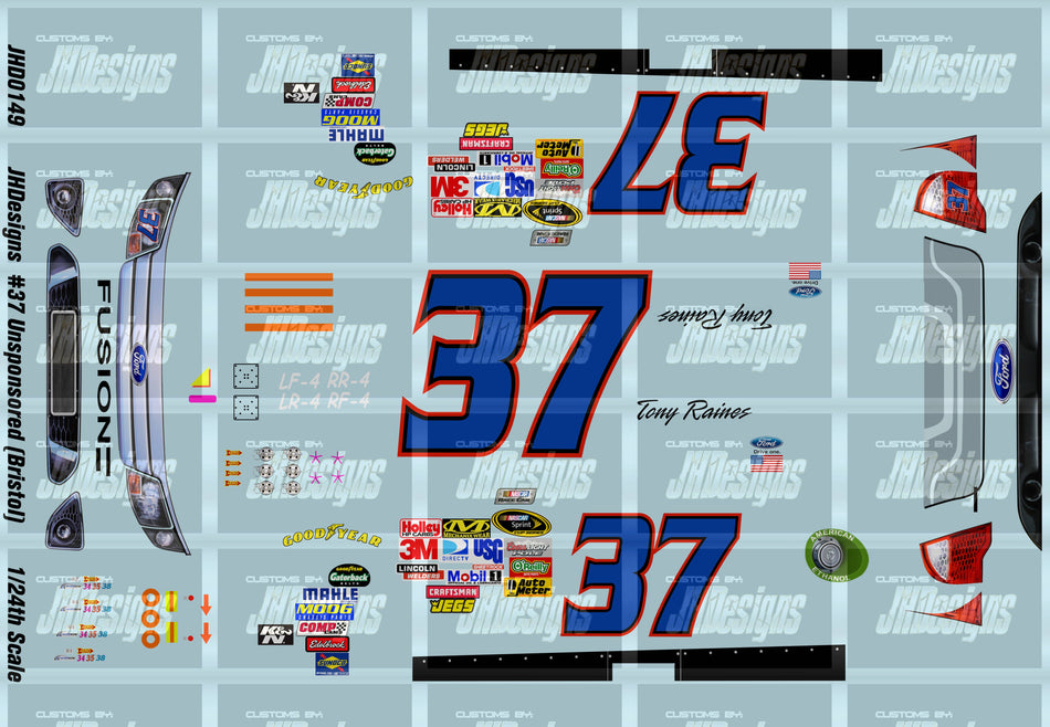 JH Designs Tony Raines 2011 CUP #37 Unsponsored (Bristol) 1:24 Racecar Decal Set