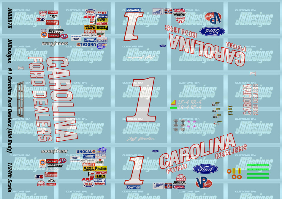 JH Designs Jeff Gordon 1991 NBS #1 Carolina Ford Dealers (Old Body) 1:24 Racecar Decal Set