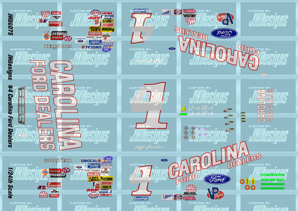 JH Designs Jeff Gordon 1991 NBS #4 Carolina Ford Dealers 1:24 Racecar Decal Set