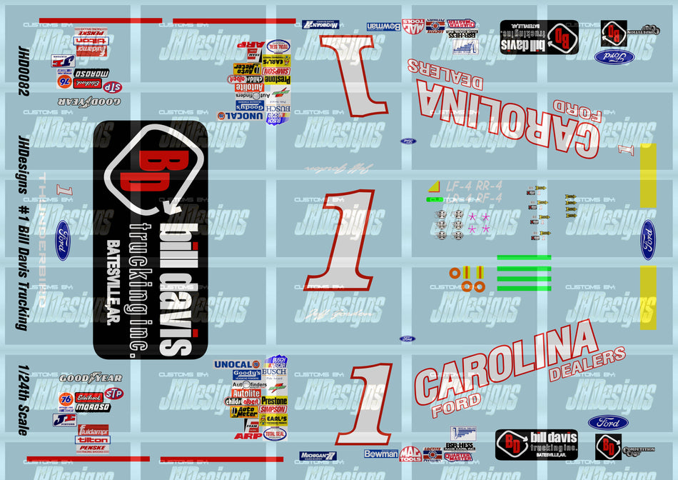 JH Designs Jeff Gordon 1991 NBS #1 Bill Davis Trucking - Carolina Ford 1:24 Racecar Decal Set