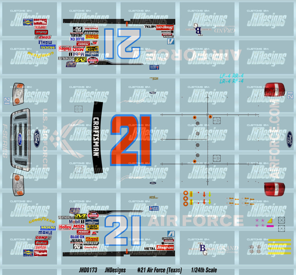 JH Designs Jon Wood 2008 CTS #21 US Air Force (Texas) 1:24 Racecar Decal Set