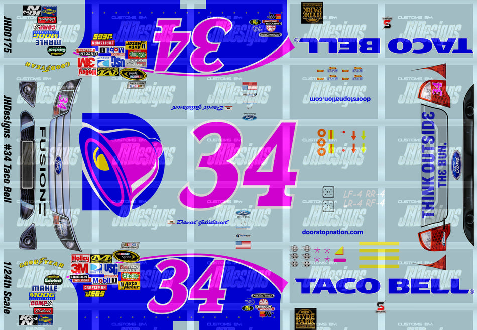 JH Designs David Gilliland 2011 CUP #34 Taco Bell 1:24 Racecar Decal Set