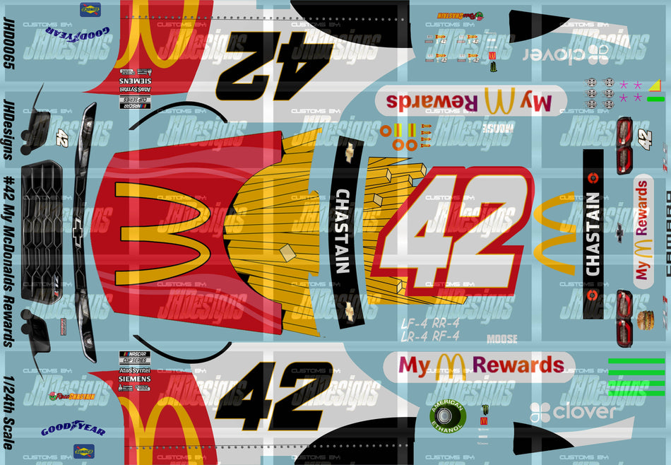 JH Designs Ross Chastain 2021 CUP #42 McDonald's My M Rewards 1:24 Racecar Decal Set